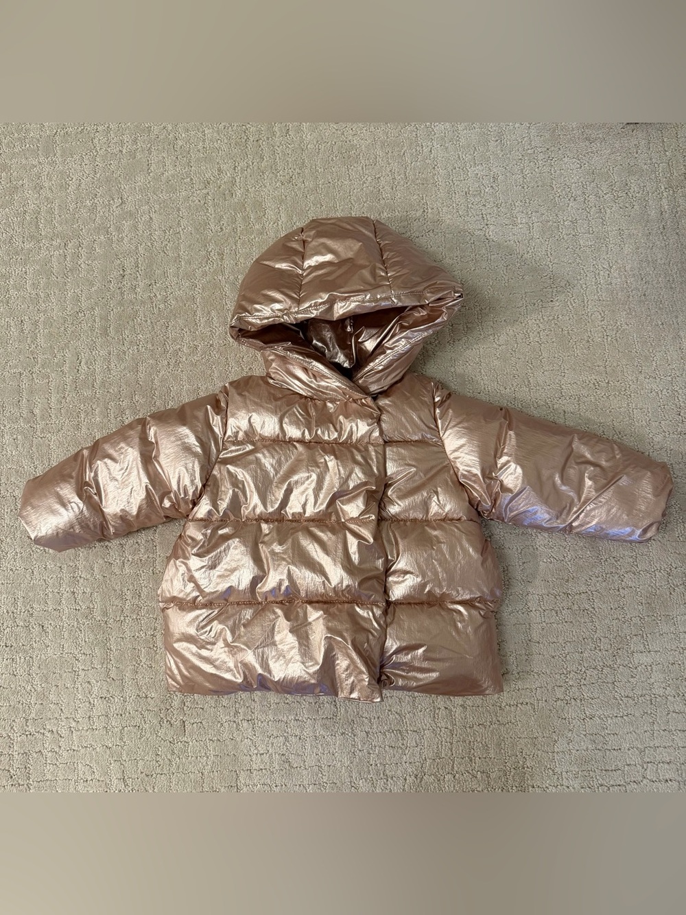 Zara Metallic Rose Gold Puffer Coat with Hood